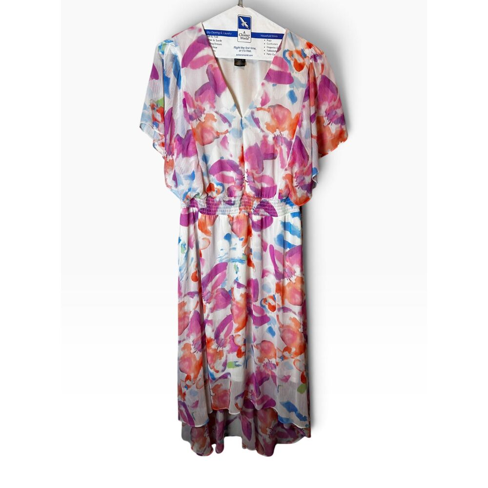 DKNY Womens 16W Floral Watercolor Chiffon High Low Dress V-Neck Flutter Sleeve